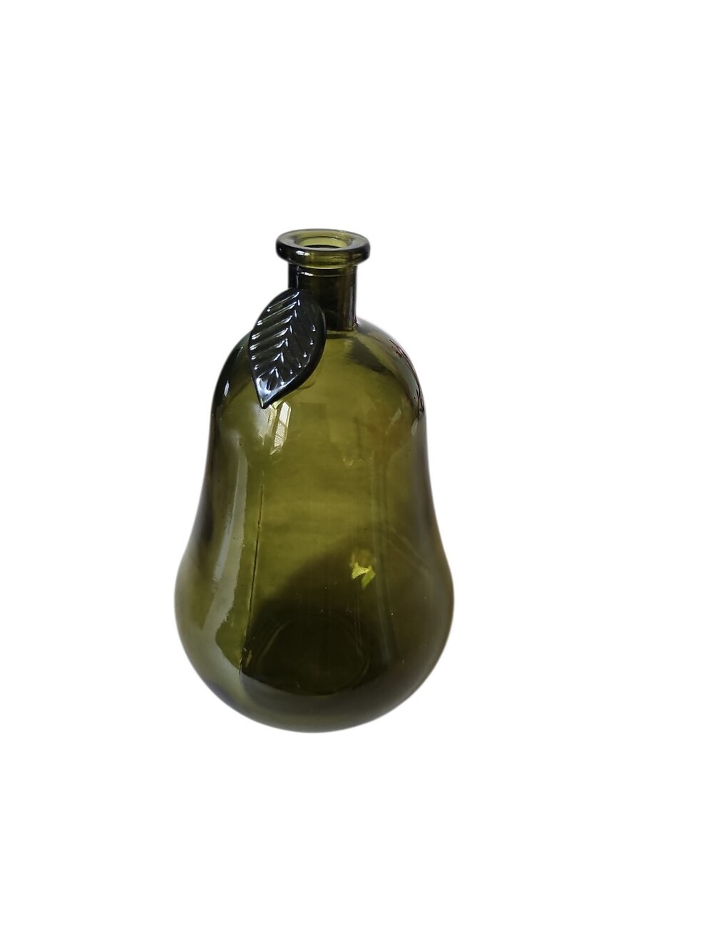 Olive Green Pear Shaped Glass Vase W/Textured Leaf Accent